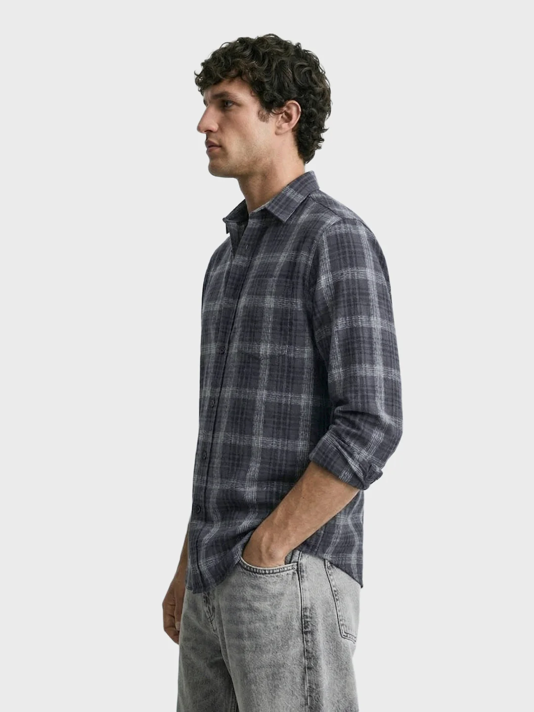 Men's Grey Slim Fit Checkered Casual Shirt - Image 4