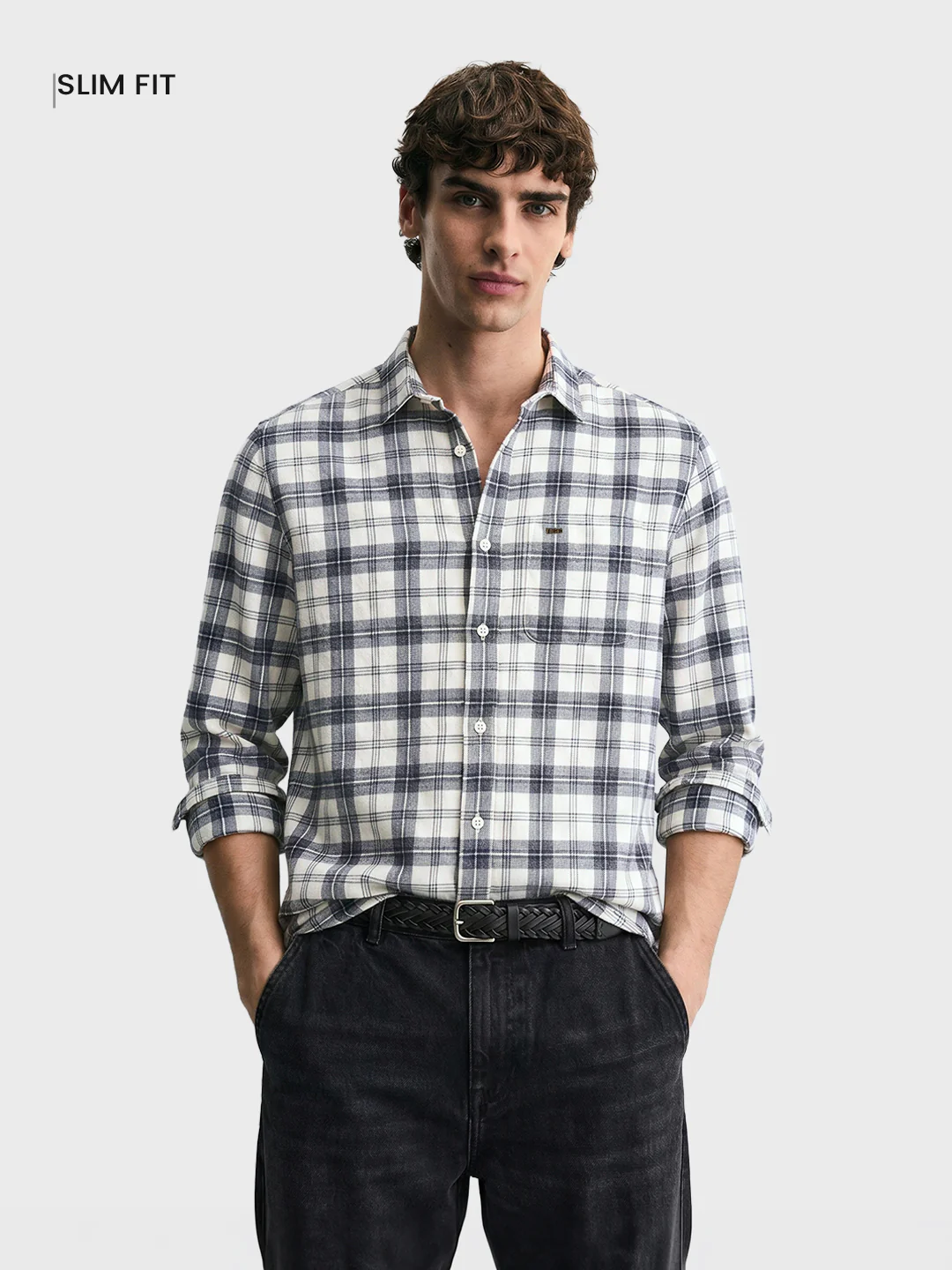 Men's Grey Slim Fit Checkered Casual Shirt - Image 2