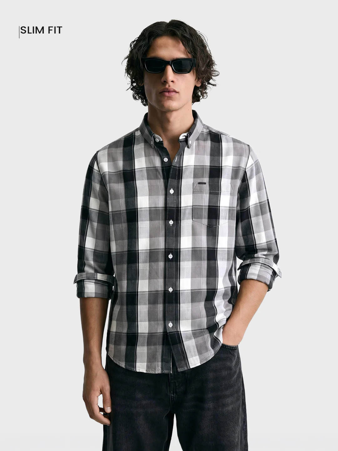 Men's Grey Slim Fit Checkered Casual Shirts - Image 2