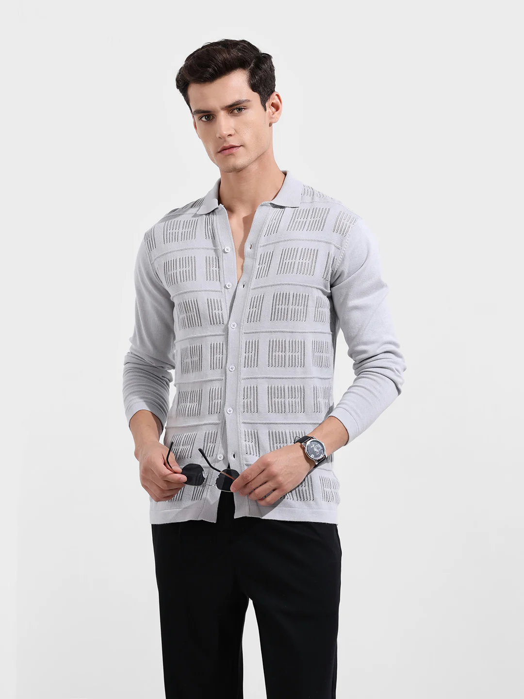 Men's Grey Slim Fit Flat Knit Textured Shirt - Image 2