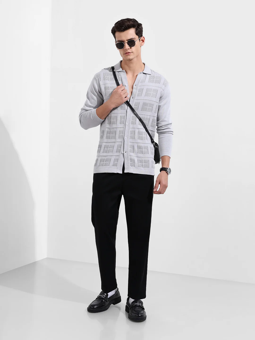 Men's Grey Slim Fit Flat Knit Textured Shirt - Image 4