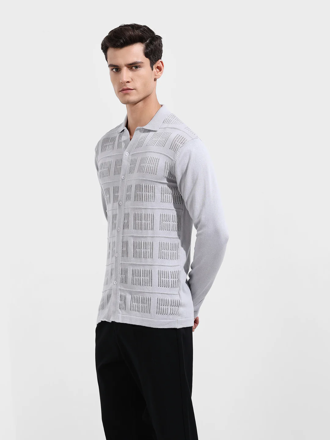 Men's Grey Slim Fit Flat Knit Textured Shirt - Image 5