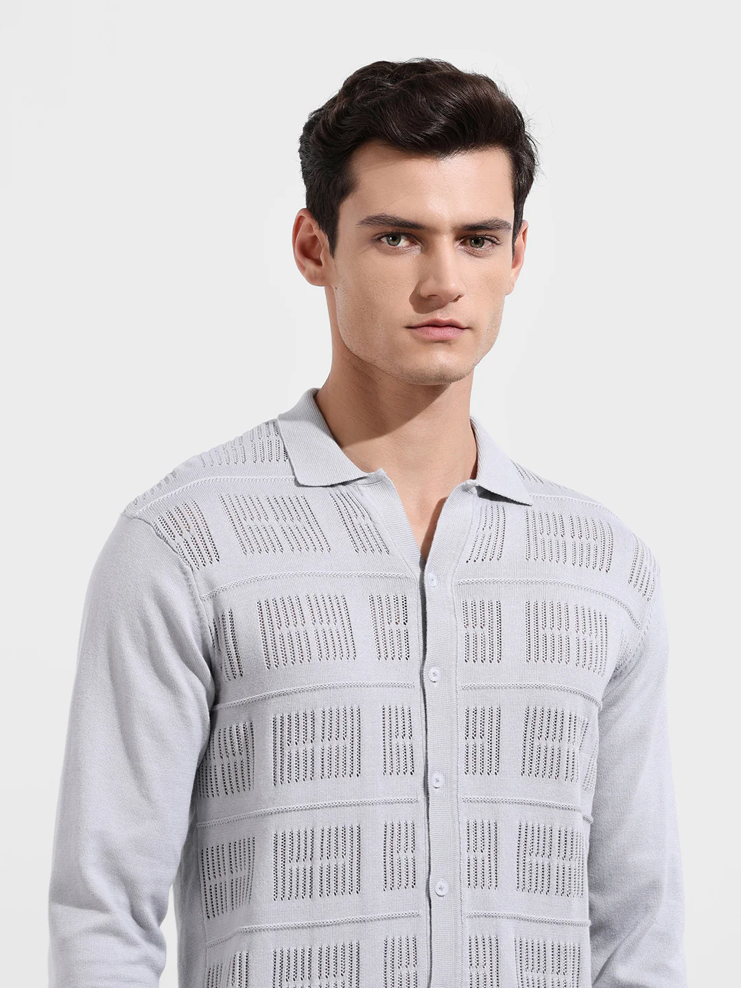 Men's Grey Slim Fit Flat Knit Textured Shirt - Image 6