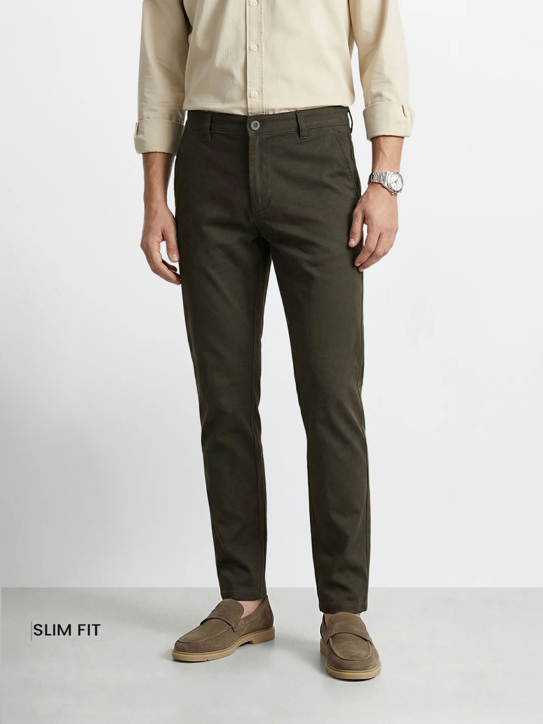 Men's Grey Slim Fit Solid Casual Chinos - Image 2