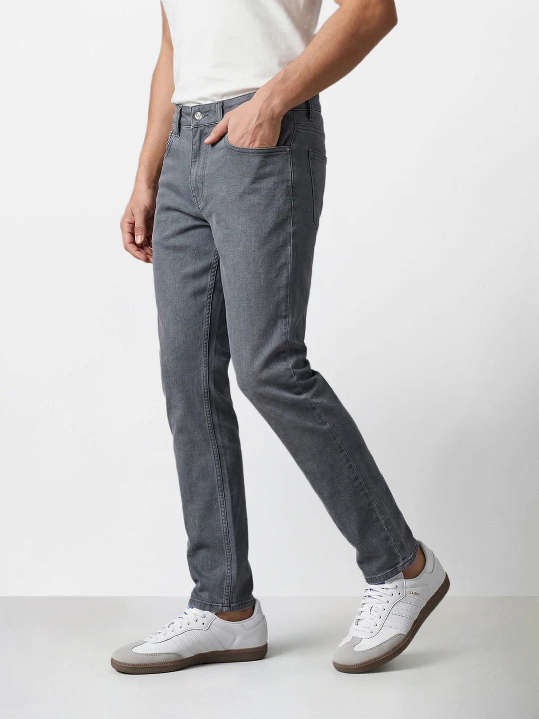 Men's Grey Slim Fit Solid Casual Jeans - Image 5