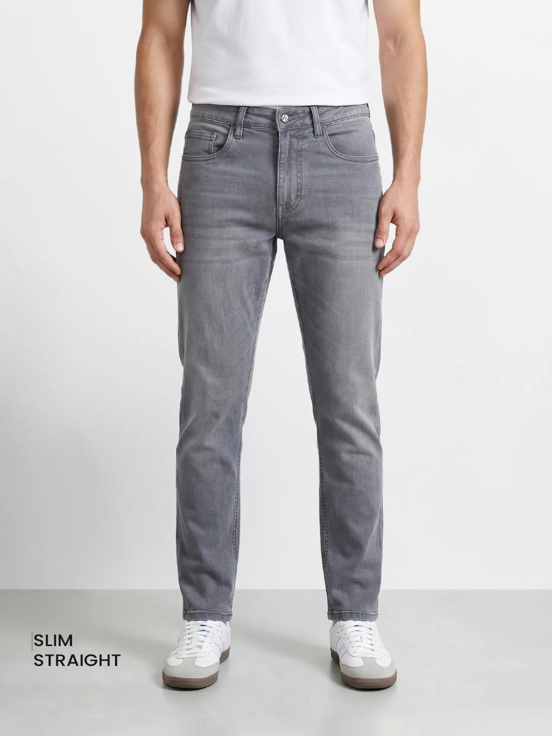 Men's Grey Slim Fit Solid Casual Jeans - Image 2