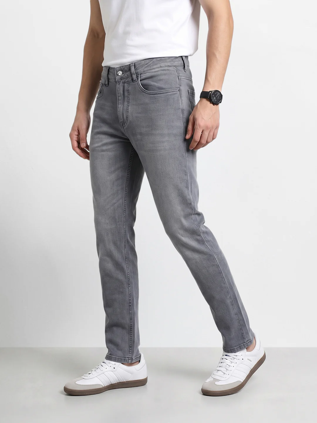 Men's Grey Slim Fit Solid Casual Jeans - Image 3
