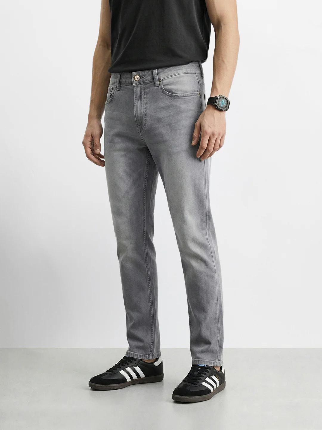 Men's Grey Slim Fit Solid Casual Jeans - Image 2