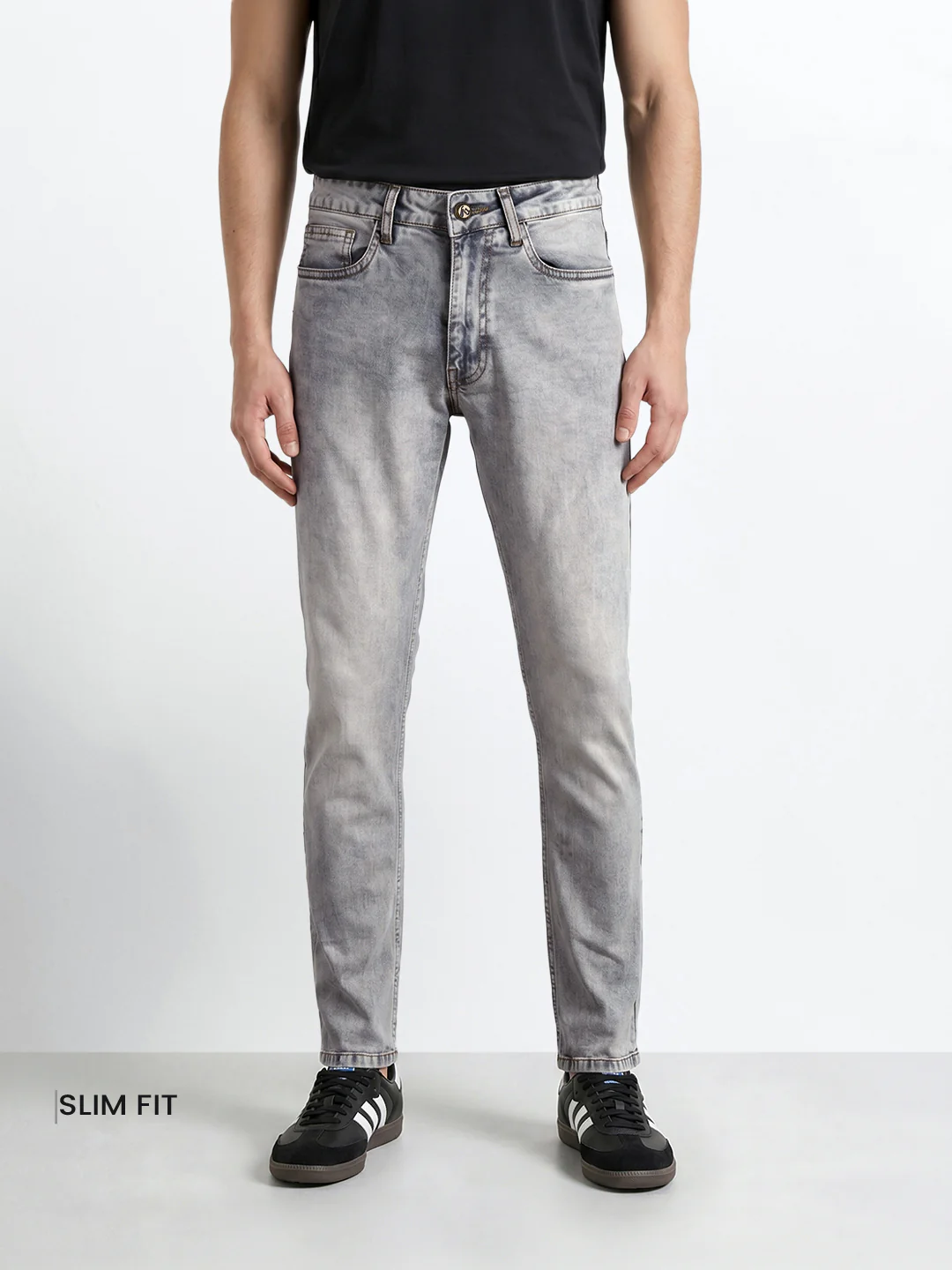 Men's Grey Slim Fit Solid Casual Jeans - Image 2