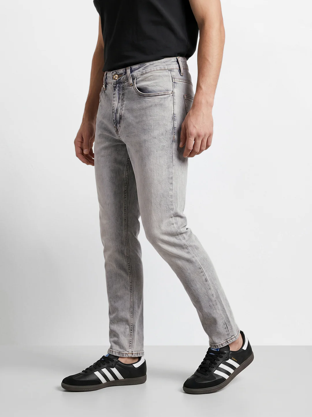 Men's Grey Slim Fit Solid Casual Jeans - Image 3