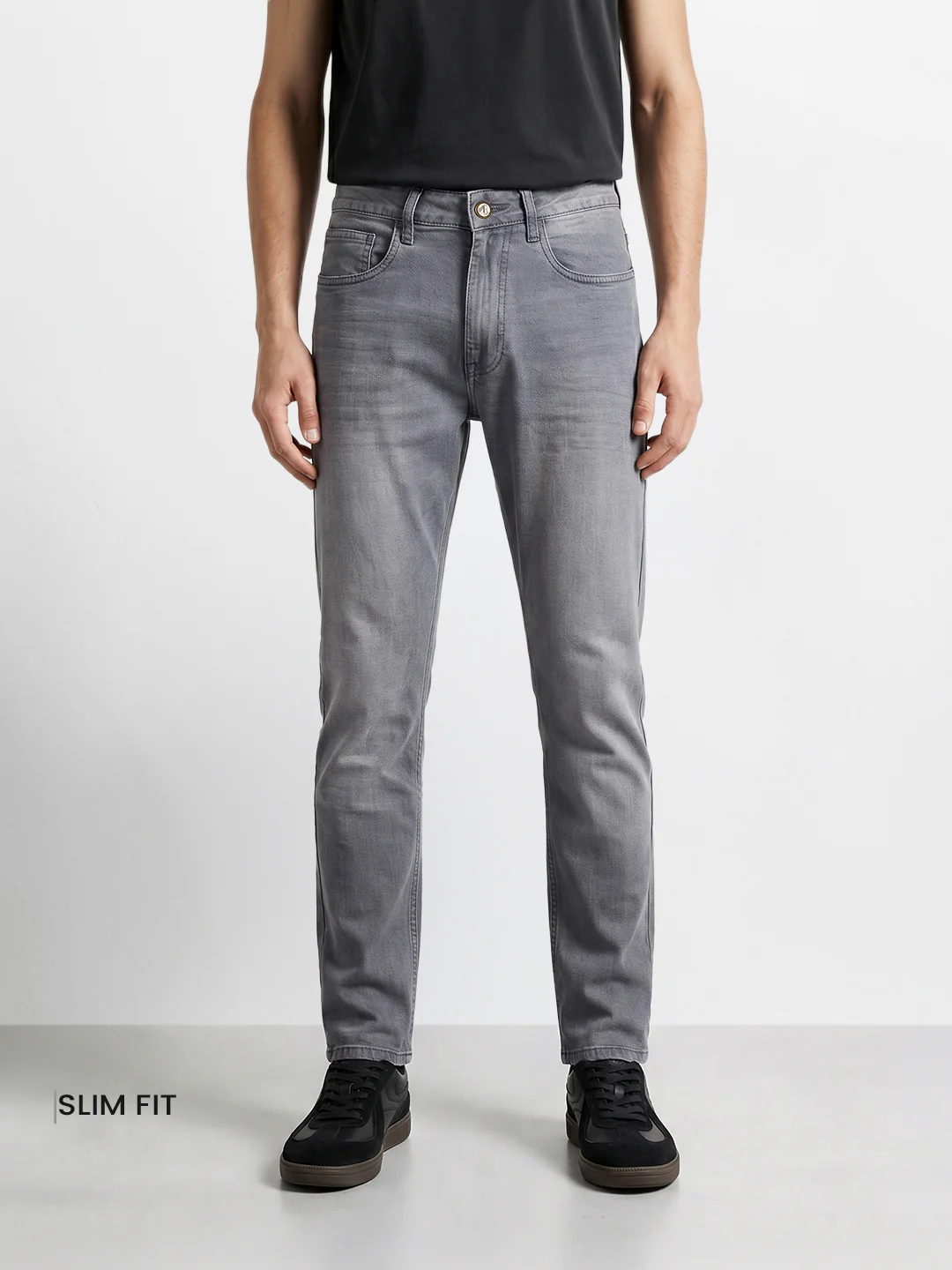 Men's Grey Slim Fit Solid Casual Jeans - Image 2