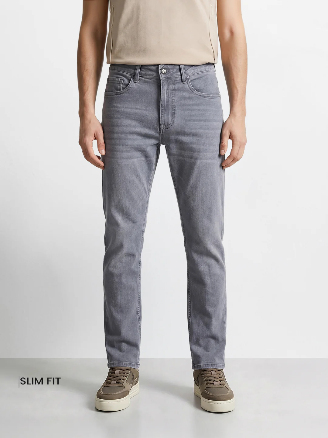 Men's Grey Slim Fit Solid Casual Jeans - Image 2