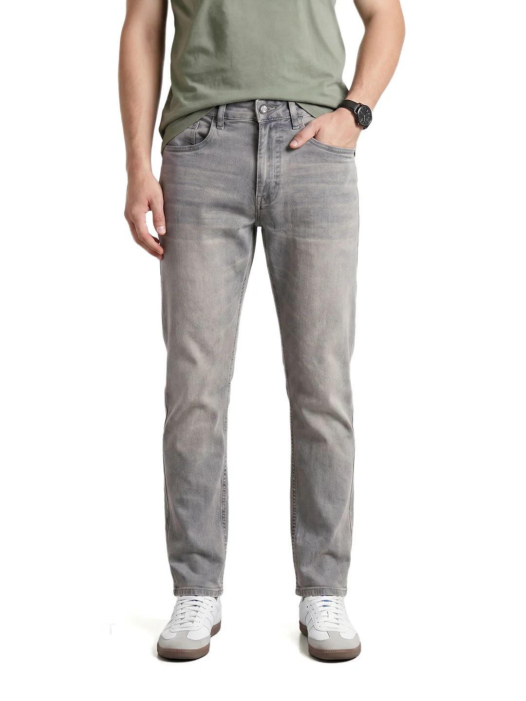 Men's Grey Slim Fit Solid Casual Jeans - Image 3