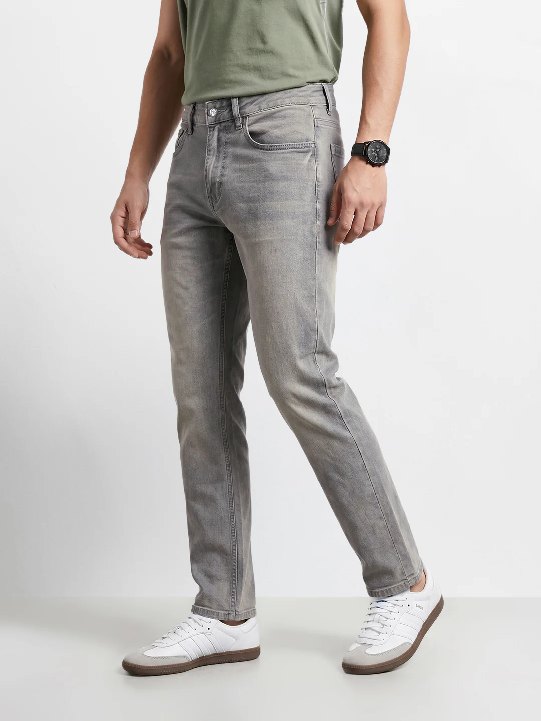 Men's Grey Slim Fit Solid Casual Jeans - Image 5