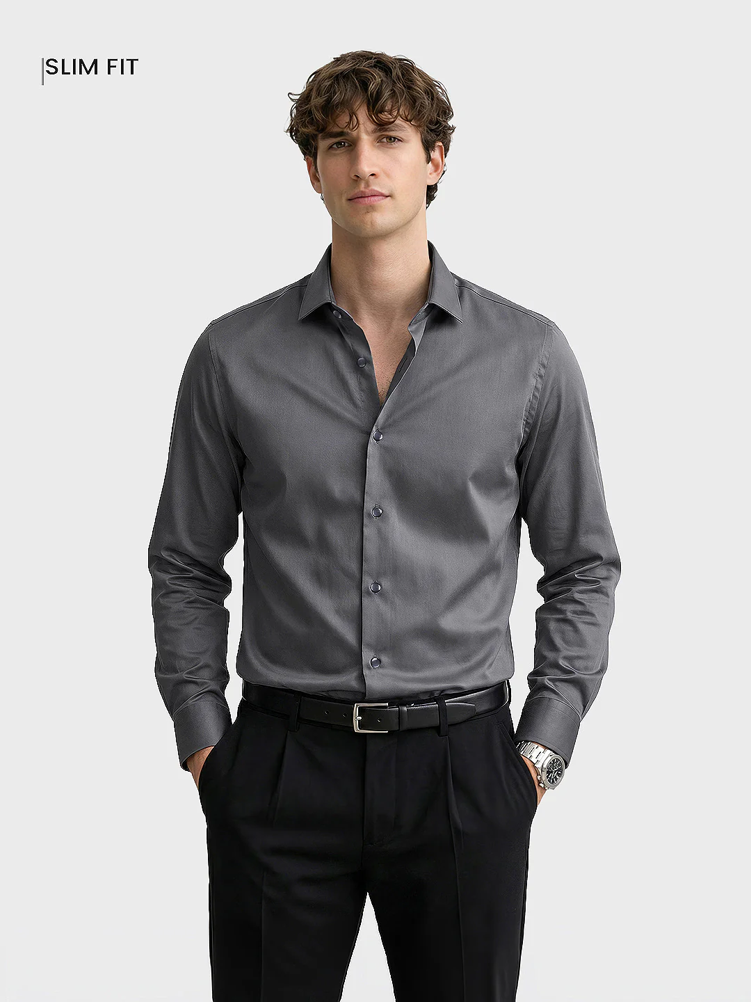Men's Grey Slim Fit Solid Casual Shirt - Image 2