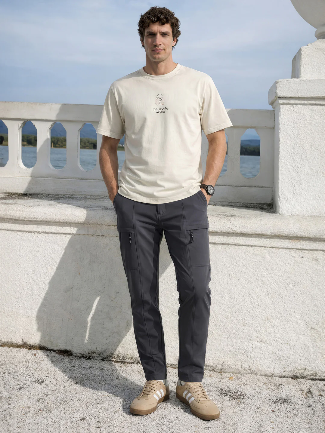 Men's Grey Slim Fit Solid Utility Cargo - Image 3