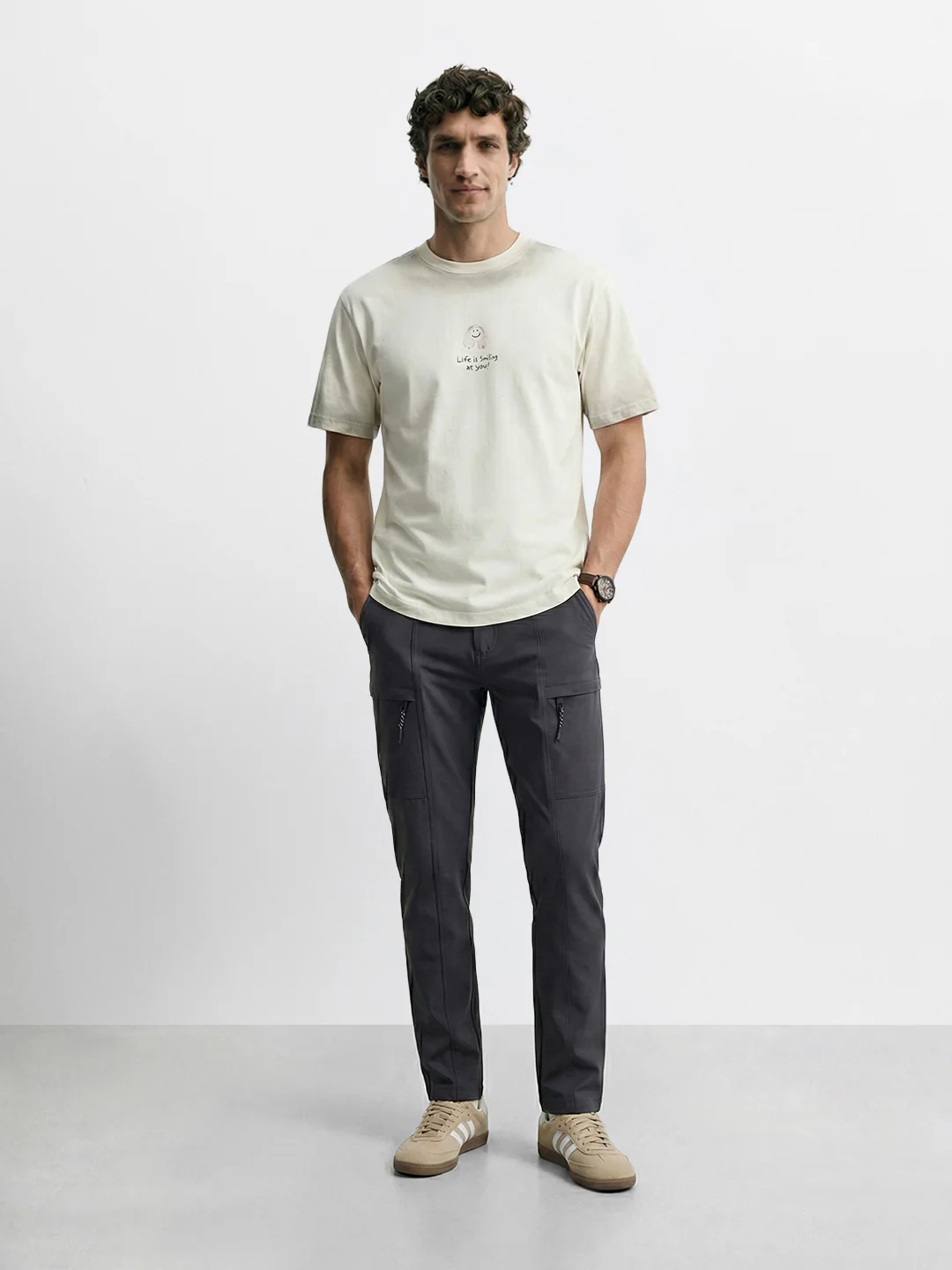 Men's Grey Slim Fit Solid Utility Cargo - Image 5