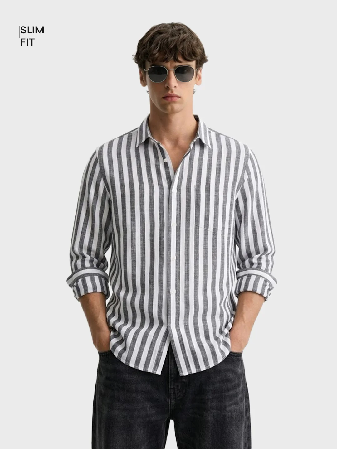 Men's Grey Slim Fit Striped Casual Shirt - Image 2