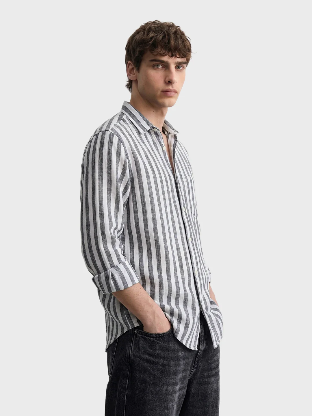 Men's Grey Slim Fit Striped Casual Shirt - Image 4