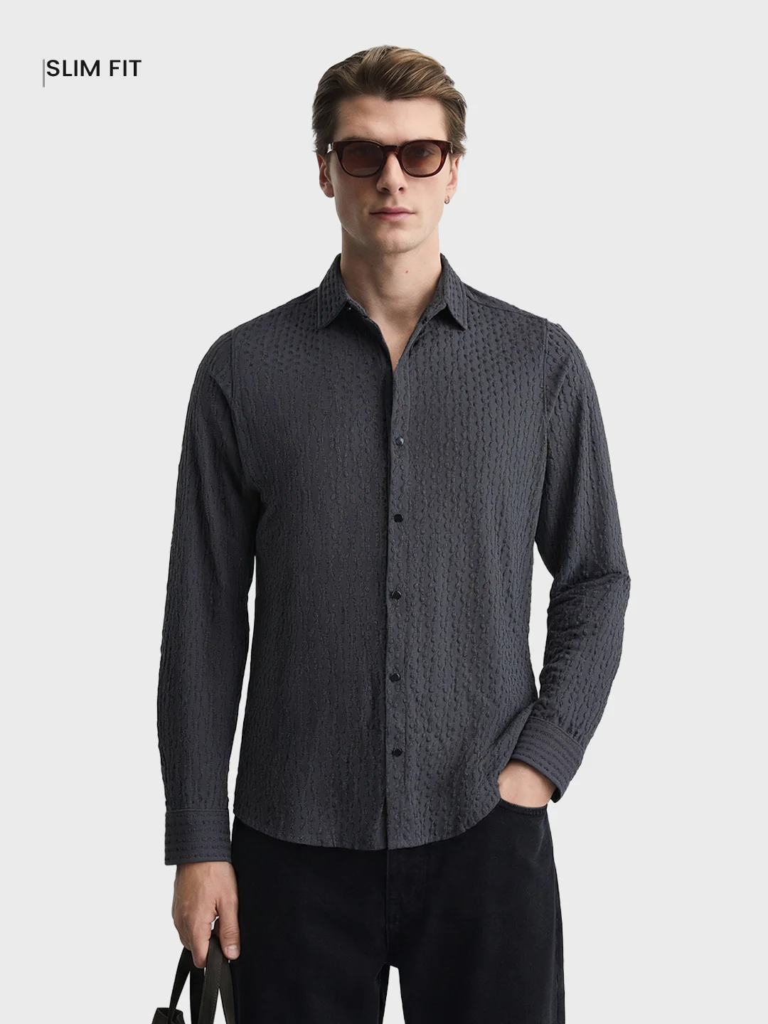 Men's Grey Slim Fit Solid Party Wear Shirt - Image 2