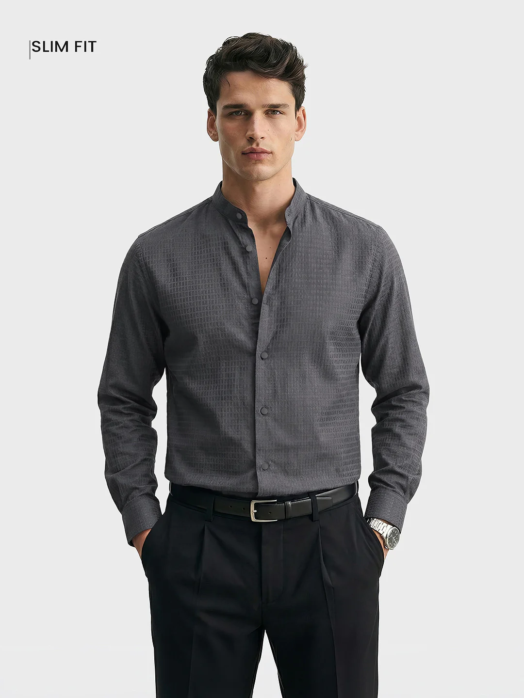 Men's Grey Slim Fit Textured Party Wear Shirt - Image 2