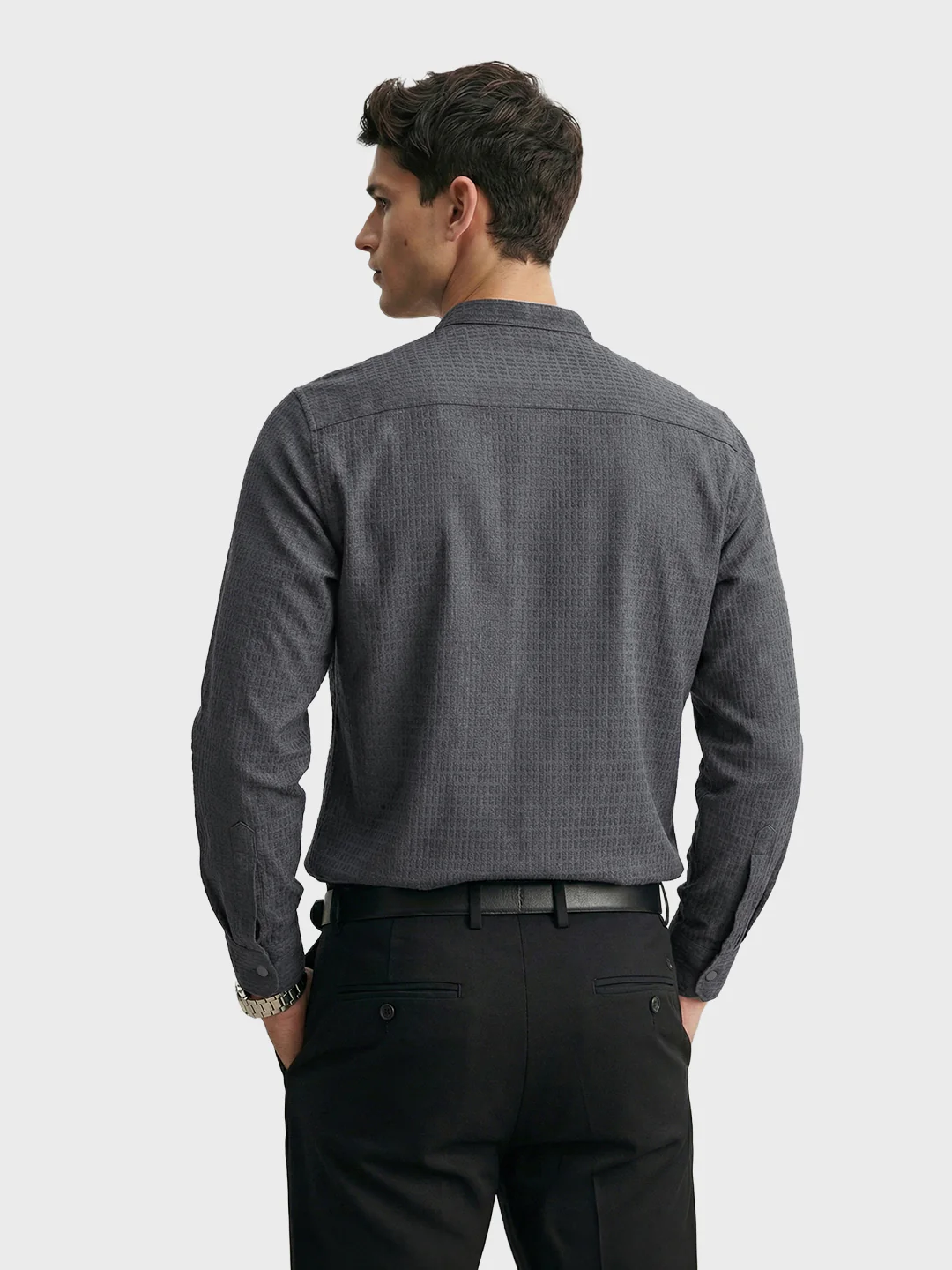 Men's Grey Slim Fit Textured Party Wear Shirt - Image 4