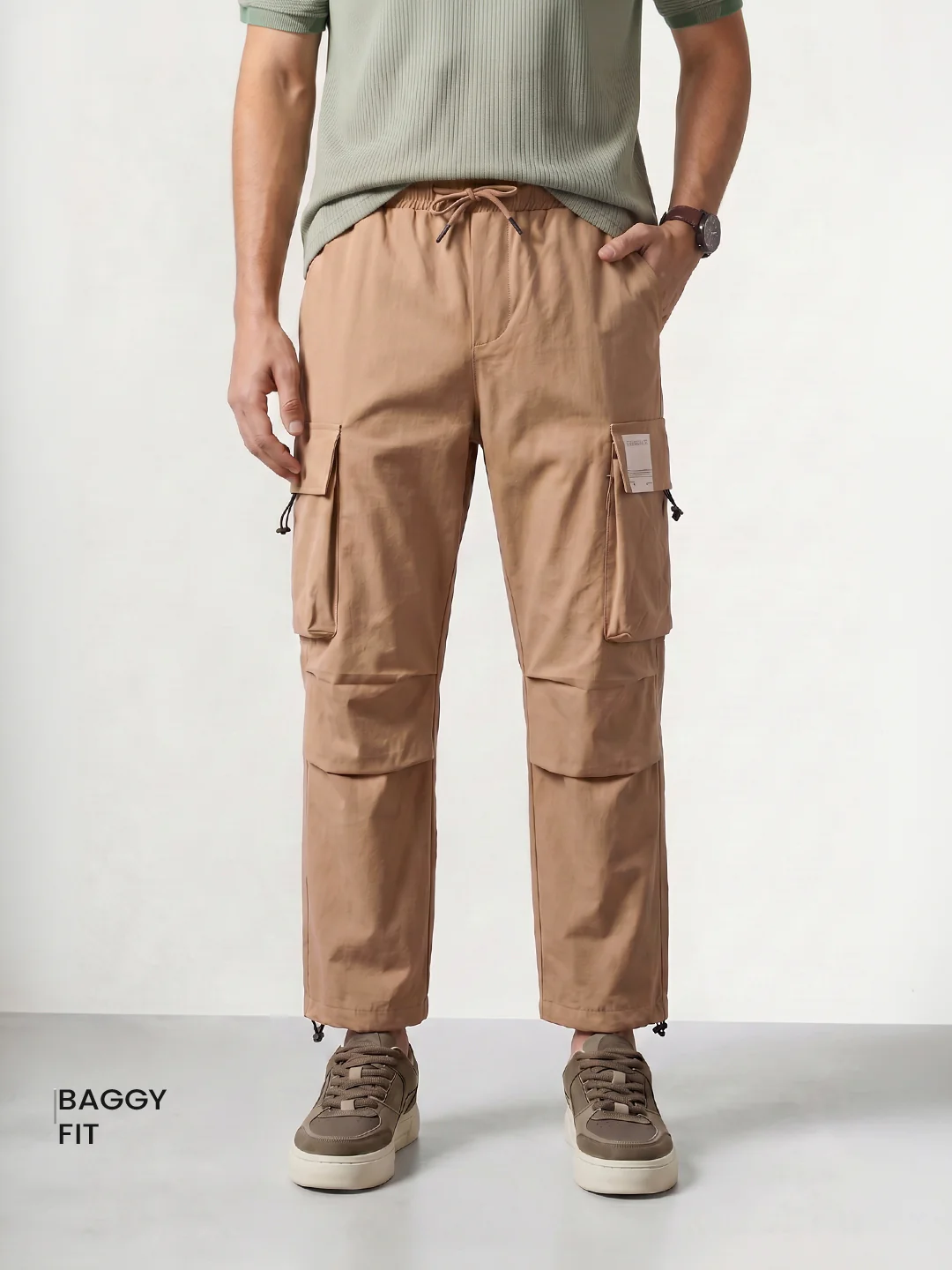 Men's Khaki Baggy Fit Solid Utility Cargo - Image 2