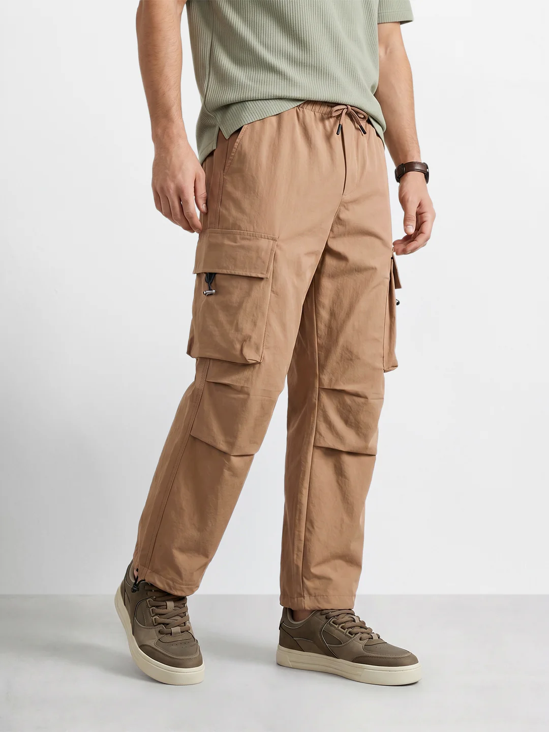 Men's Khaki Baggy Fit Solid Utility Cargo - Image 3