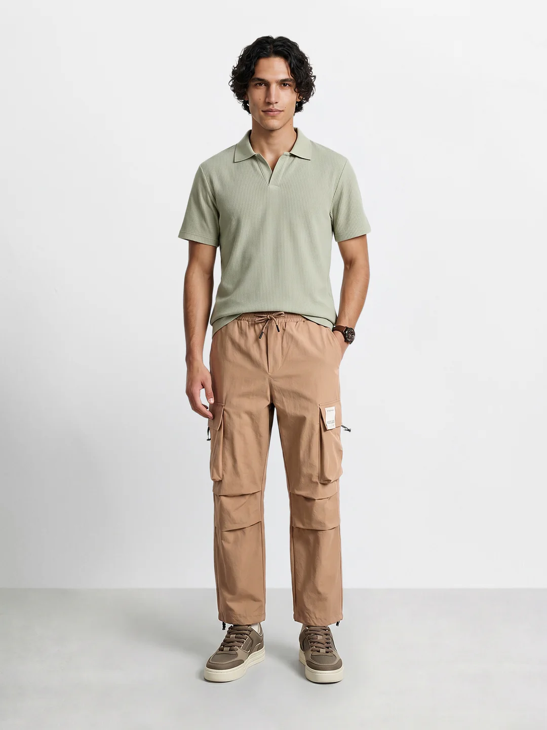 Men's Khaki Baggy Fit Solid Utility Cargo - Image 5