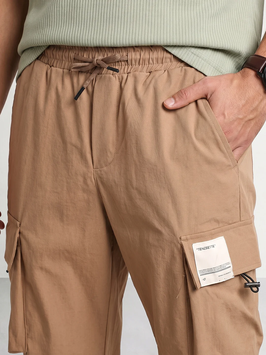 Men's Khaki Baggy Fit Solid Utility Cargo - Image 8