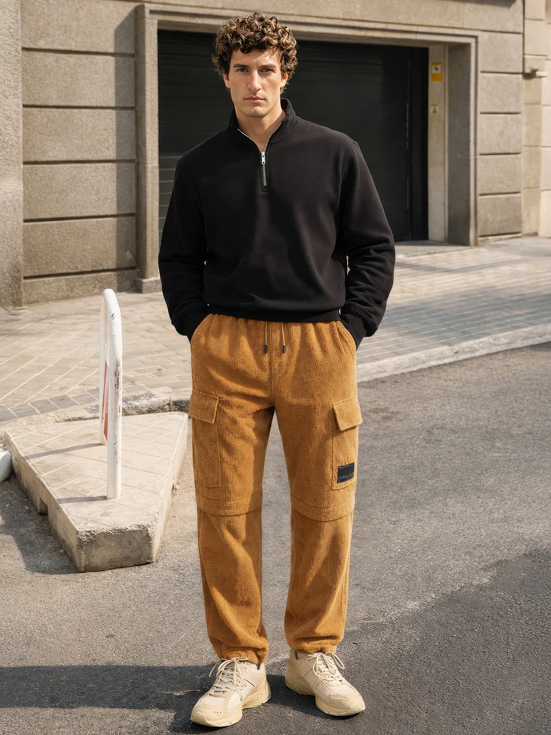 Men's Khaki Baggy Fit Textured Utility Cargo - Image 4