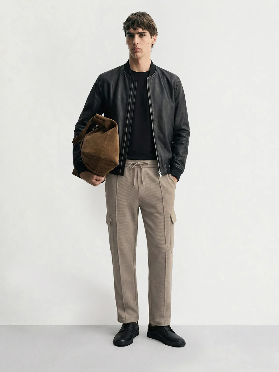 Men's Khaki Loose Fit Textured Casual Joggers - Image 3