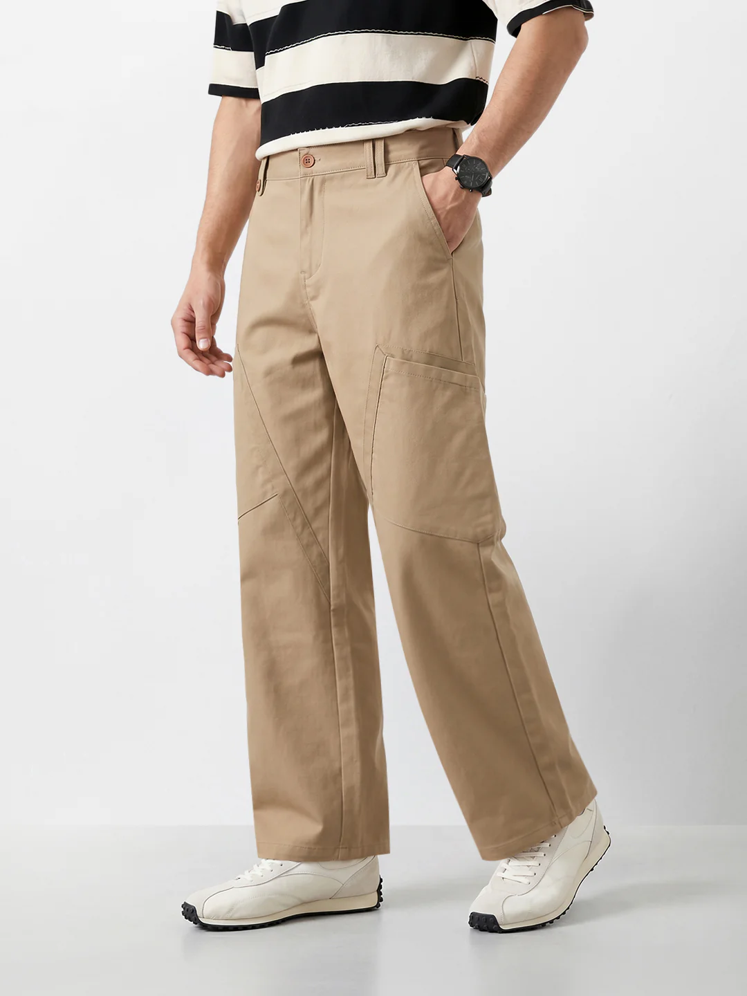 Men's Khaki Loose Fit Textured Utility Cargo - Image 3