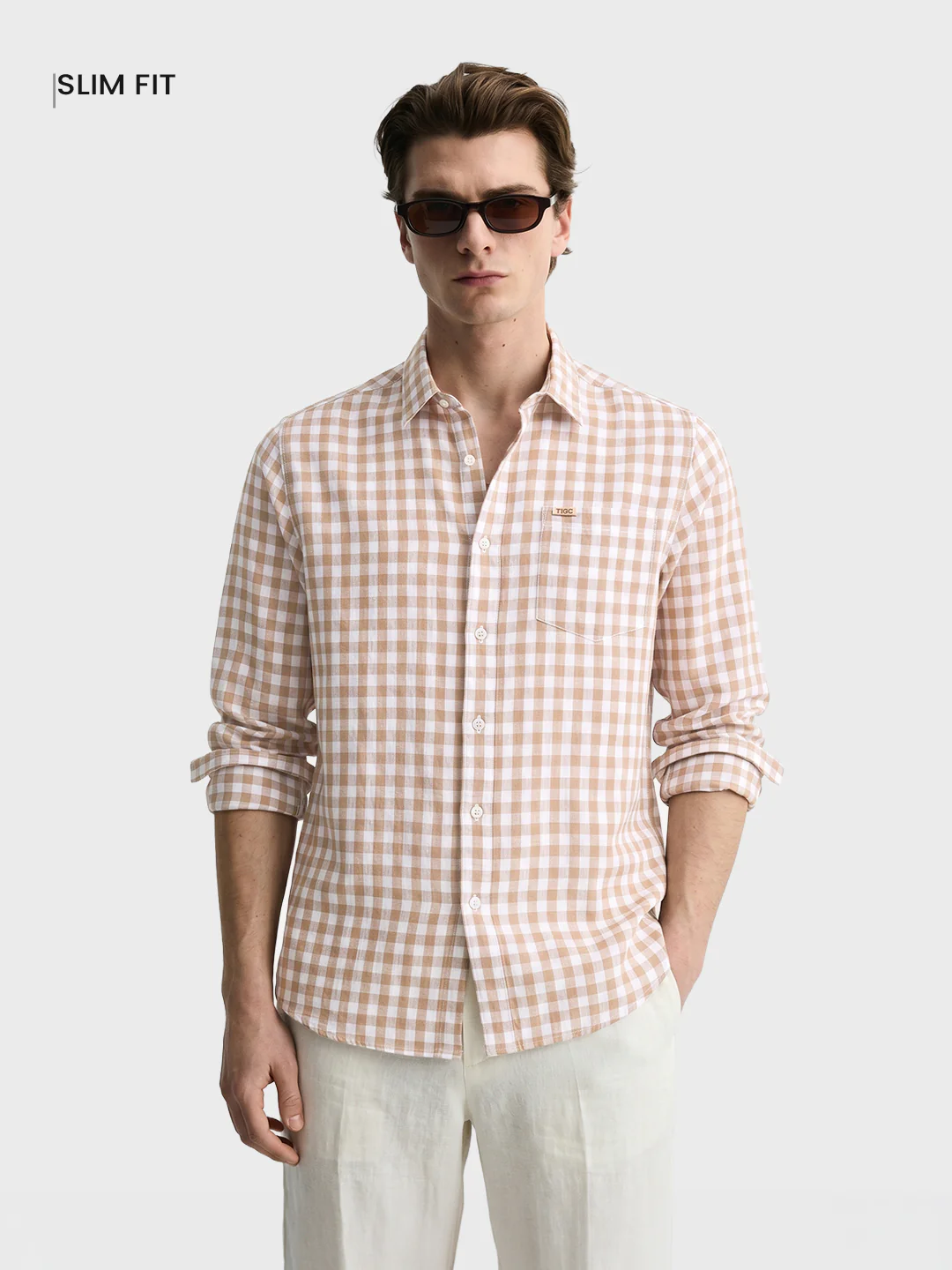 Men's Khaki Regular Fit Checkered Casual Shirts - Image 2