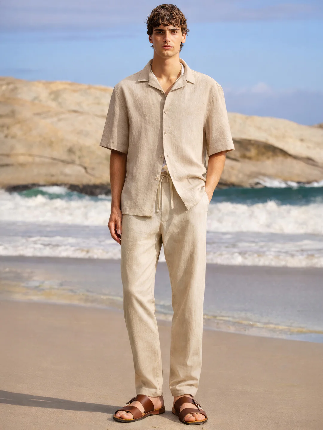 Men's Khaki Regular Fit Solid Casual Trousers - Image 3
