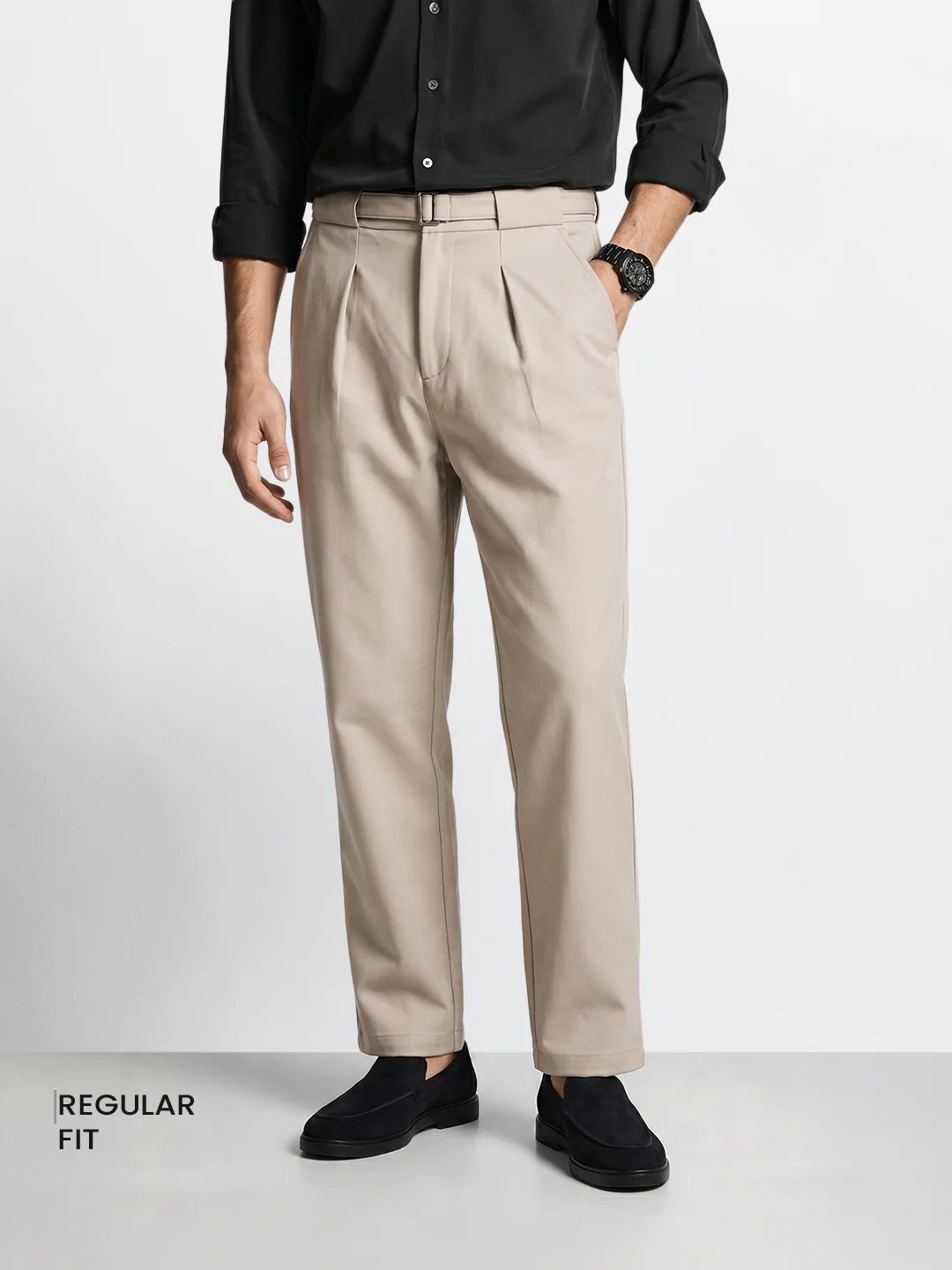 Men's Khaki Regular Fit Solid Casual Trousers - Image 2