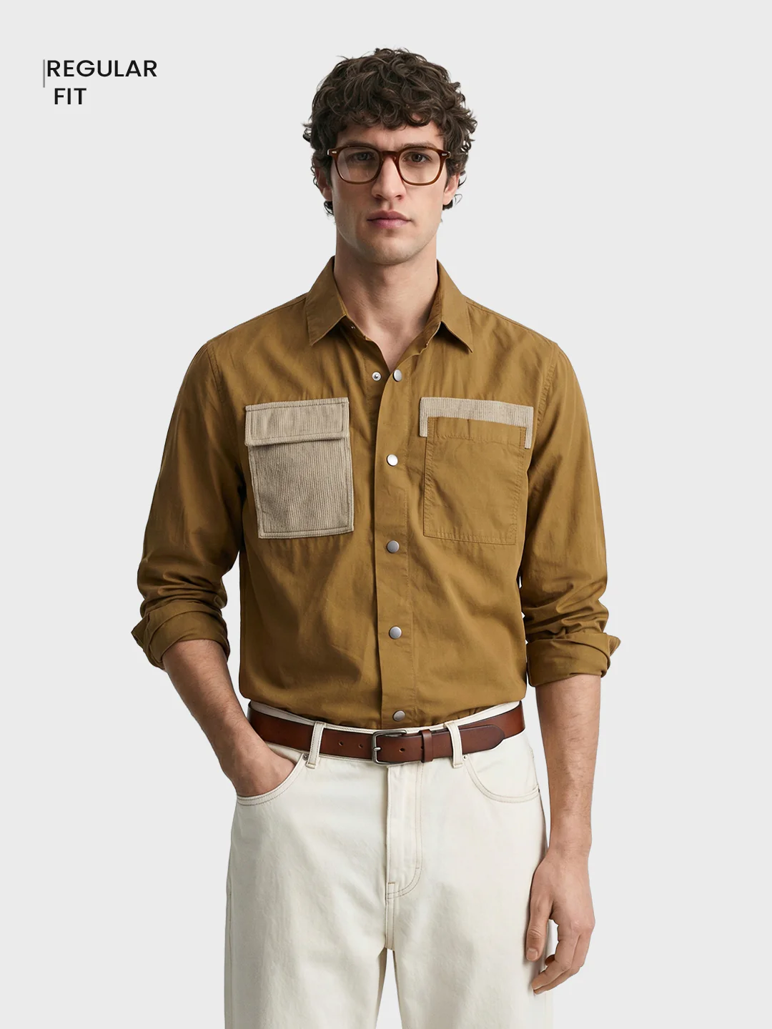Men's Khaki Regular Fit Solid Utility Shirt - Image 2