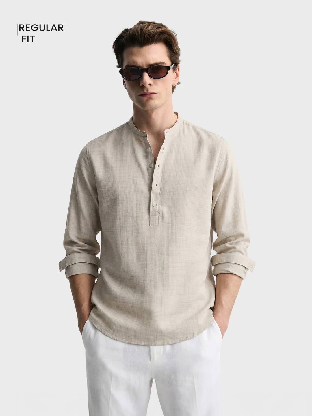 Men's Khaki Regular Fit Solid Casual Shirt - Image 2