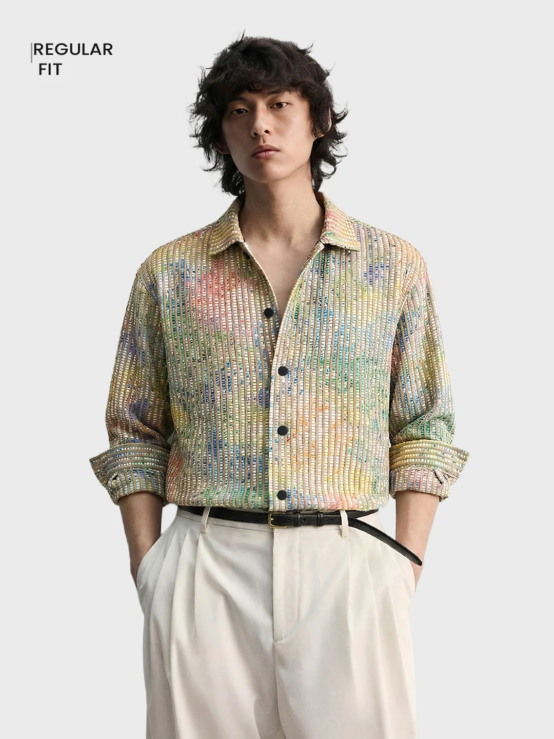 Men's Khaki Regular Fit Textured Casual Shirts - Image 2