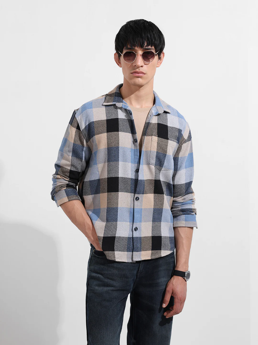 Men's Khaki Relaxed Fit Casual Checkered Shirt - Image 2