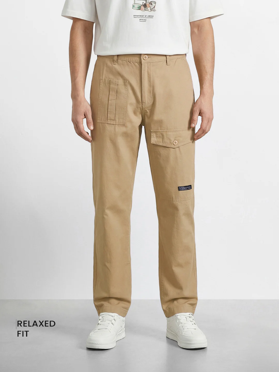 Men's Khaki Relaxed Fit Solid Casual Trousers - Image 2