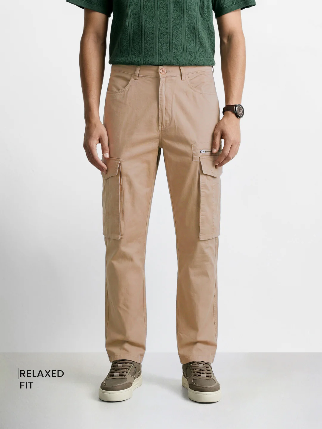 Men's Khaki Relaxed Fit Solid Utility Cargo - Image 2