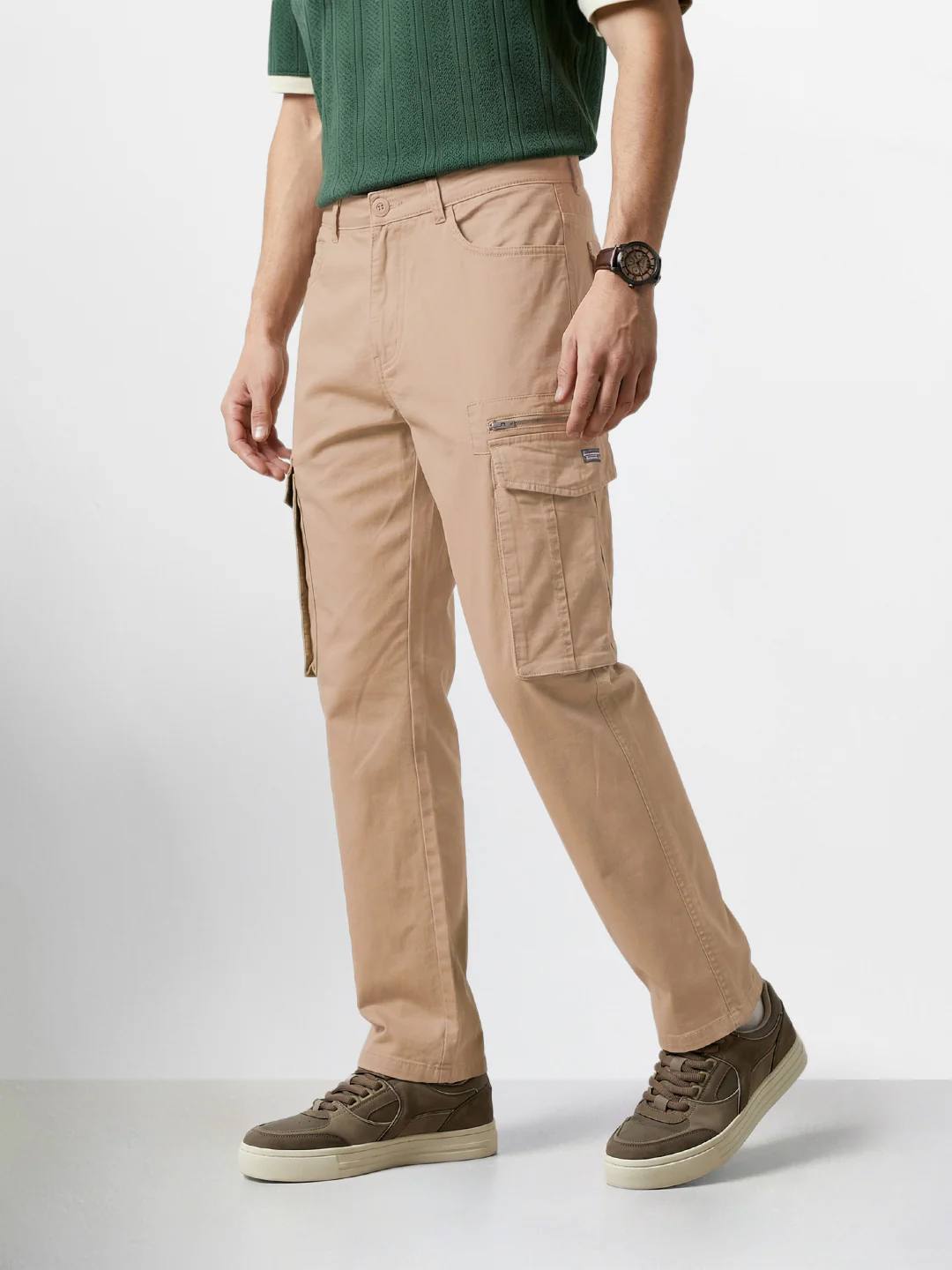 Men's Khaki Relaxed Fit Solid Utility Cargo - Image 3