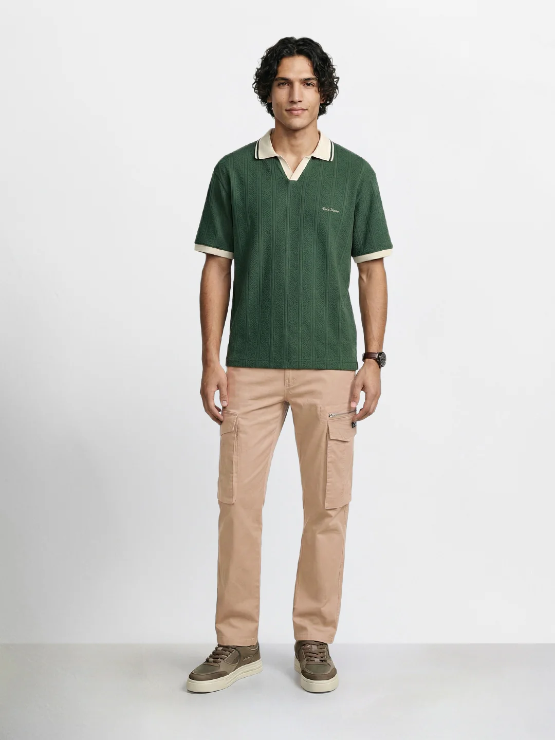 Men's Khaki Relaxed Fit Solid Utility Cargo - Image 5