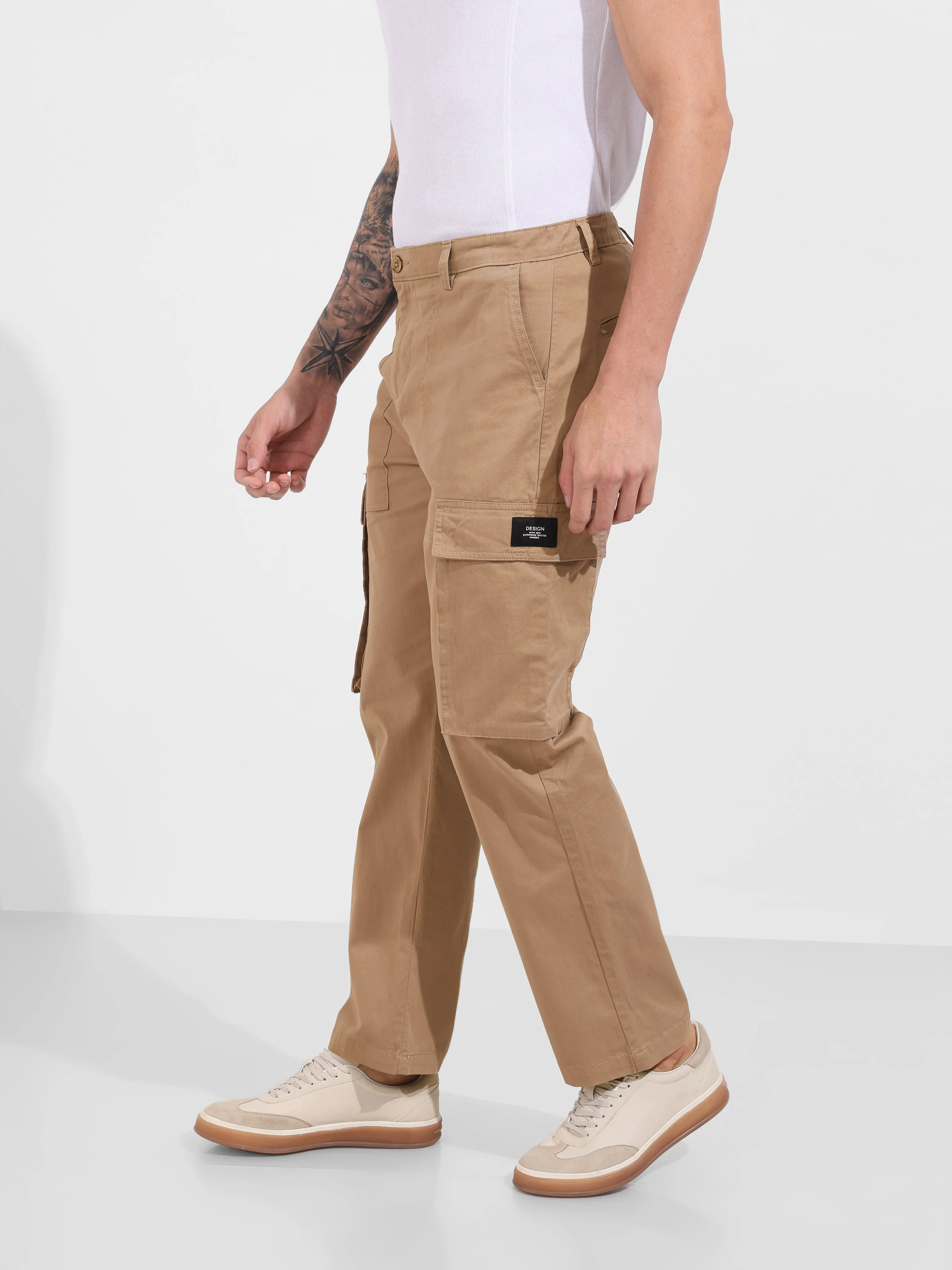 Men's Khaki Relaxed Fit Solid Utility Cargo - Image 3
