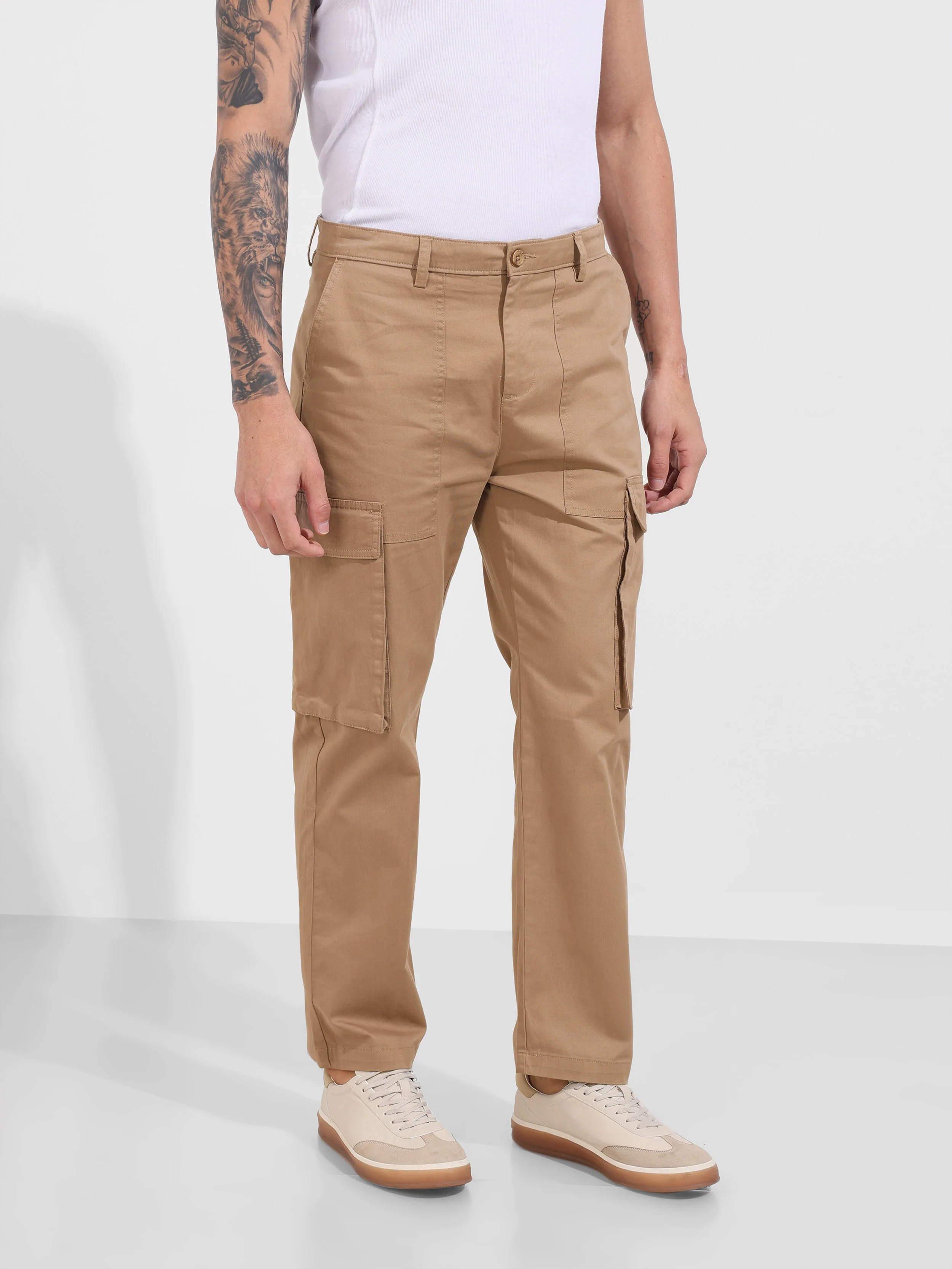 Men's Khaki Relaxed Fit Solid Utility Cargo - Image 4