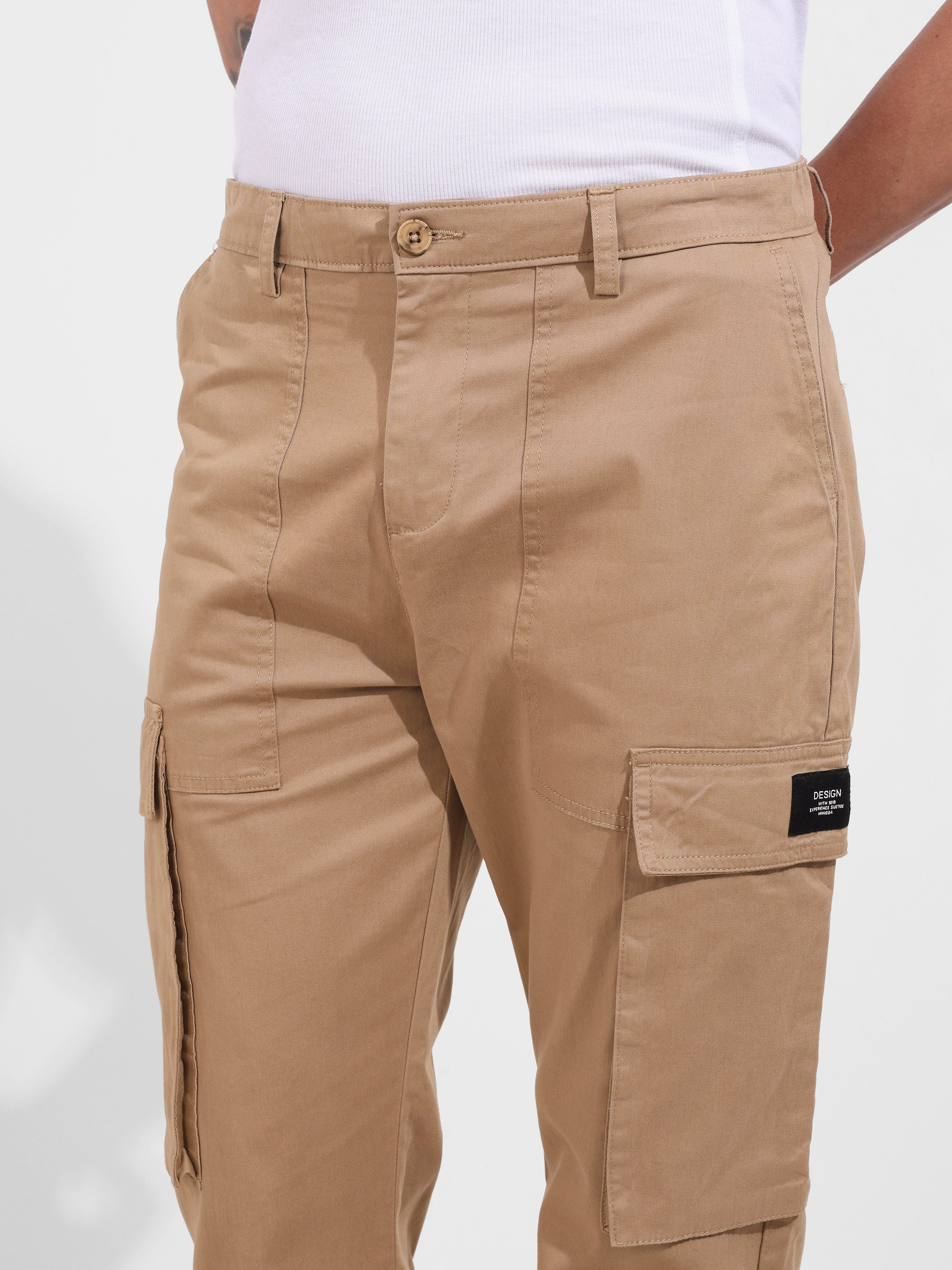 Men's Khaki Relaxed Fit Solid Utility Cargo - Image 5
