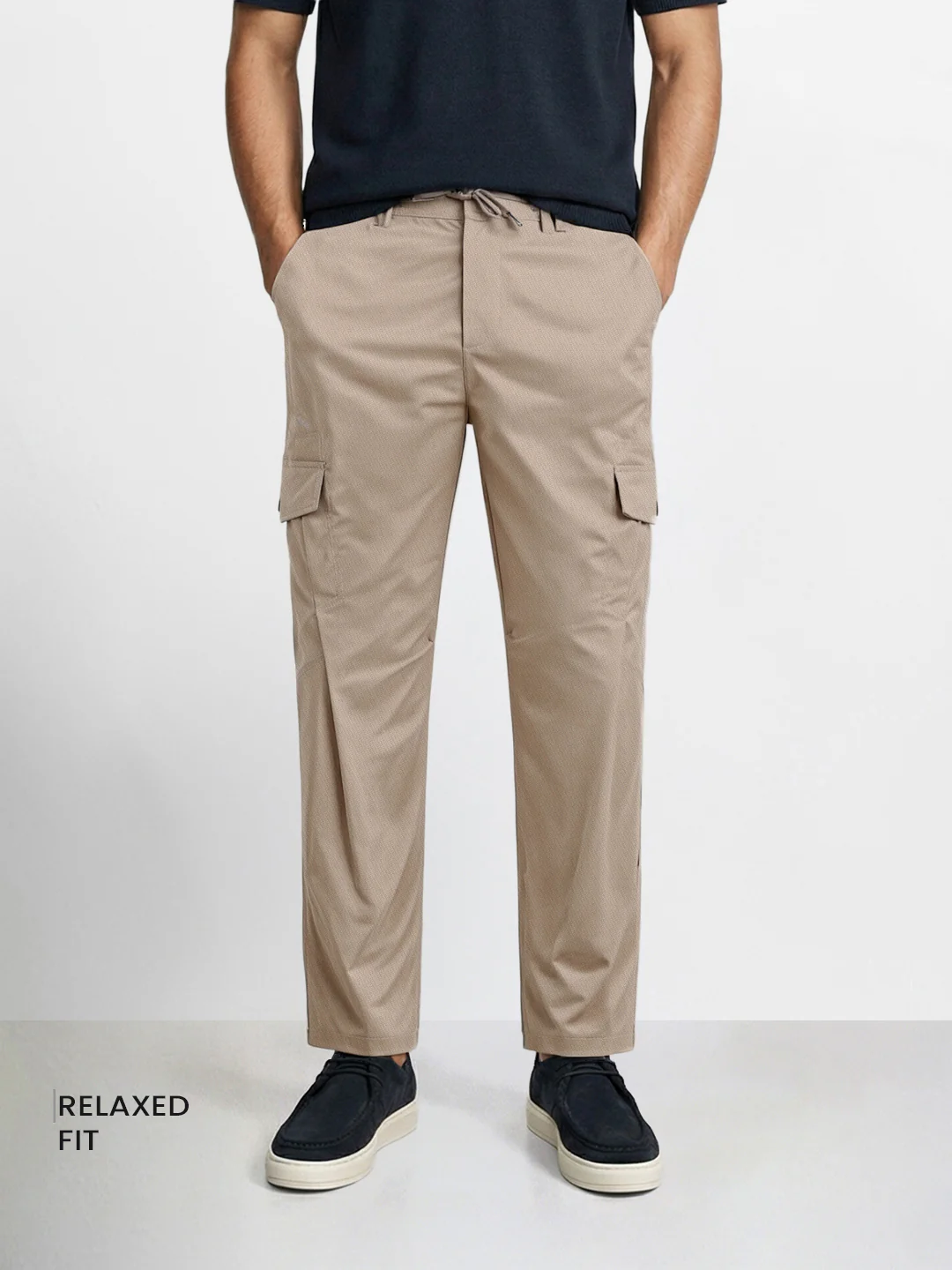 Men's Beige Relaxed Fit Solid Utility Joggers - Image 2