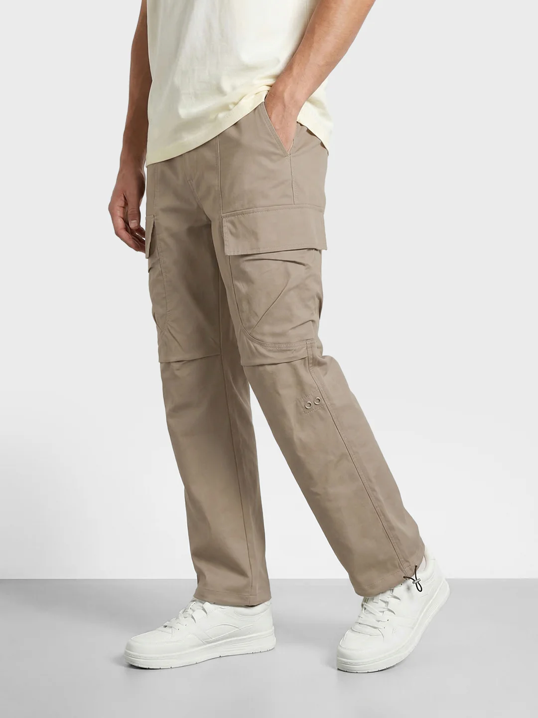 Men's Khaki Relaxed Fit Solid Utility Joggers - Image 2