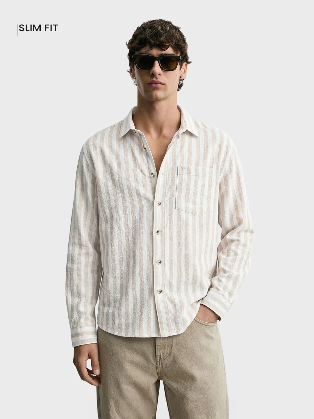 Men's Khaki Relaxed Fit Striped Casual Shirt - Image 2